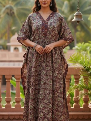 Multi Color Free Size Cotton Hand Block Floral Printed Maternity Kaftan for Baby Feeding Maxi Boho Hippy Caftan with Zip