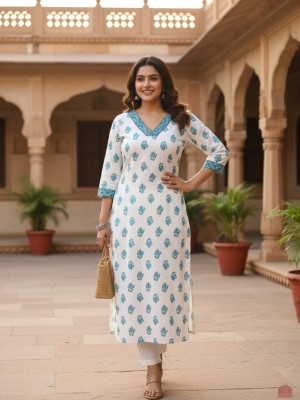 White Plus Size Floral Buti Print Cotton Straight Kurti Casual Tunic Top for Women (Kurti Only)