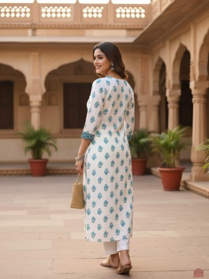 White Plus Size Floral Buti Print Cotton Straight Kurti Casual Tunic Top for Women (Kurti Only)