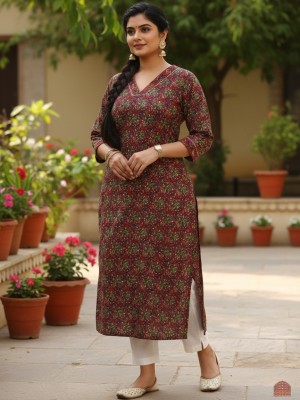 Maroon Plus Size Floral Azrakh Print Cotton Straight Kurti Casual Tunic Top for Women (Kurti Only)