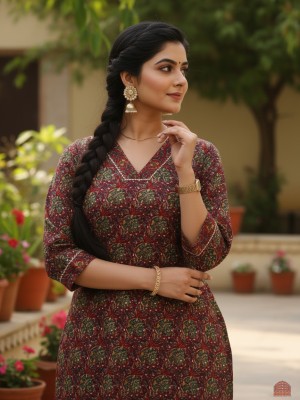 Maroon Plus Size Floral Azrakh Print Cotton Straight Kurti Casual Tunic Top for Women (Kurti Only)