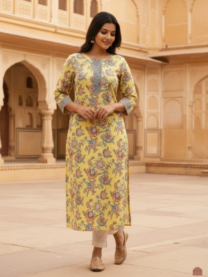 Yellow Plus Size Floral Print Cotton Straight Kurti Casual Tunic Top for Women (Kurti Only)
