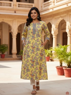 Yellow Plus Size Floral Print Cotton Straight Kurti Casual Tunic Top for Women (Kurti Only)