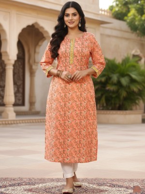 Plus Size Peach Color Floral Print Cotton Straight Kurti Casual Tunic Top for Women (Kurti Only)