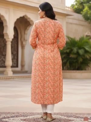 Plus Size Peach Color Floral Print Cotton Straight Kurti Casual Tunic Top for Women (Kurti Only)