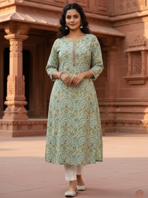 Plus Size Green Color Floral Print Cotton Straight Kurti Casual Tunic Top for Women (Kurti Only)