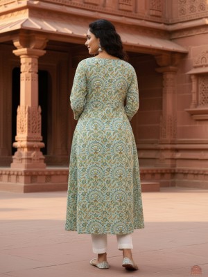 Plus Size Green Color Floral Print Cotton Straight Kurti Casual Tunic Top for Women (Kurti Only)