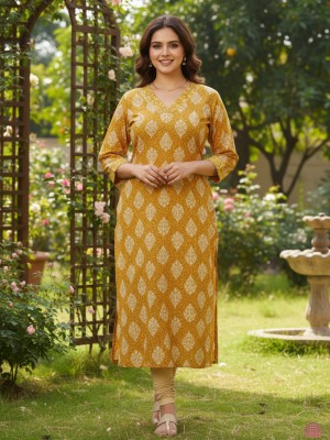 Mustard Color Plus Size Floral Print Cotton Straight Kurti Casual Tunic Top for Women (Kurti Only)