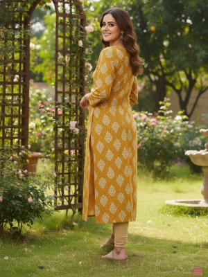 Mustard Color Plus Size Floral Print Cotton Straight Kurti Casual Tunic Top for Women (Kurti Only)