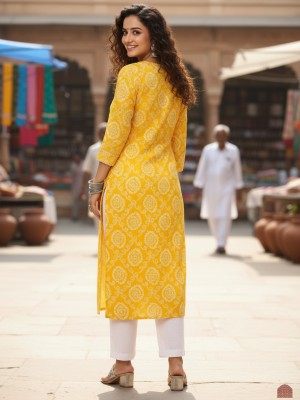 Yellow Color Plus Size Bandhej Print Cotton Straight Kurti Casual Tunic Top for Women (Kurti Only)