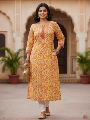 Yellow & Pink Color Plus Size Floral Print Cotton Straight Kurti Casual Tunic Top for Women (Kurti Only)