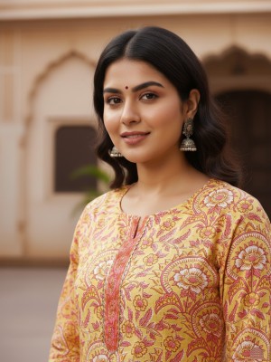 Yellow & Pink Color Plus Size Floral Print Cotton Straight Kurti Casual Tunic Top for Women (Kurti Only)