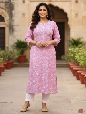 Pink Color Plus Size Floral Print Cotton Straight Kurti Casual Tunic Top for Women (Kurti Only)