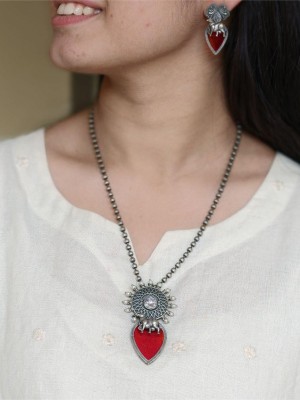 Adorable Cow Kamdhenu Necklace Monalisa Stone Silver Oxidized Necklace with Matching Earring Set