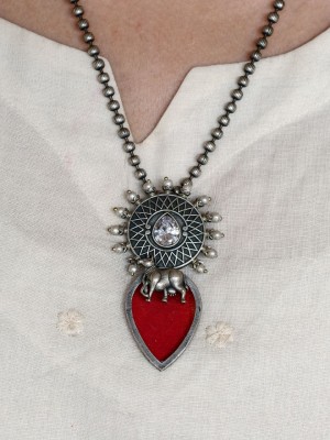 Adorable Cow Kamdhenu Necklace Monalisa Stone Silver Oxidized Necklace with Matching Earring Set