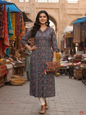 Blue Plus Size Floral Azrakh Print Cotton Straight Kurti Casual Tunic Top for Women (Kurti Only)