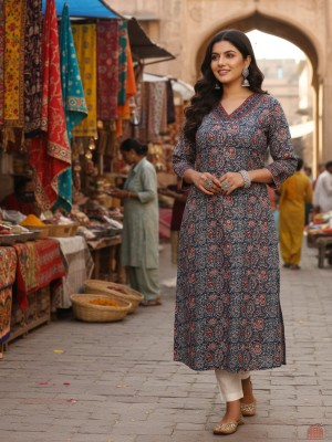 Blue Plus Size Floral Azrakh Print Cotton Straight Kurti Casual Tunic Top for Women (Kurti Only)