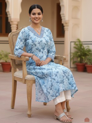 Sky Blue Plus Size Floral Print Cotton Straight Kurti with Pockets Casual Tunic Top for Women (Kurti Only)