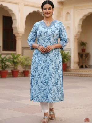 Sky Blue Plus Size Floral Print Cotton Straight Kurti with Pockets Casual Tunic Top for Women (Kurti Only)