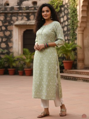 Plus Size Pale Color Floral Print Cotton Straight Kurti with Pockets Casual Tunic Top for Women (Kurti Only)