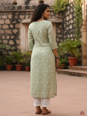 Plus Size Pale Color Floral Print Cotton Straight Kurti with Pockets Casual Tunic Top for Women (Kurti Only)