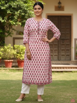 White Plus Size Floral Buti Print Cotton Straight Kurti with Pockets Casual Tunic Top for Women (Kurti Only)