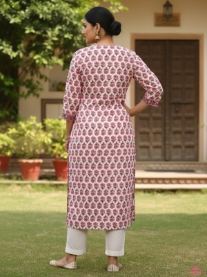 White Plus Size Floral Buti Print Cotton Straight Kurti with Pockets Casual Tunic Top for Women (Kurti Only)