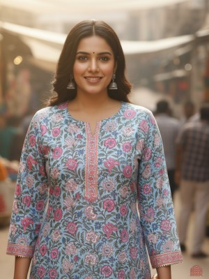 Light Blue Plus Size Floral Print Cotton Straight Kurti with Pockets Casual Tunic Top for Women (Kurti Only)