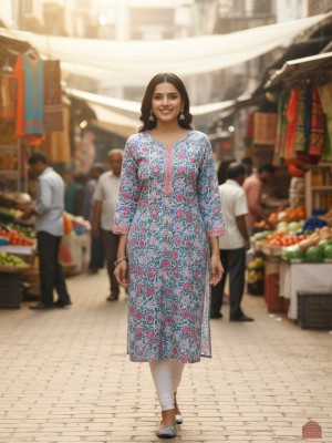 Light Blue Plus Size Floral Print Cotton Straight Kurti with Pockets Casual Tunic Top for Women (Kurti Only)