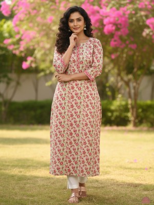 Plus Size Pale Color Floral Print Cotton Straight Kurti with Pockets Casual Tunic Top for Women (Kurti Only)