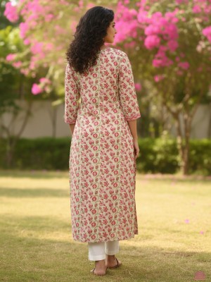 Plus Size Pale Color Floral Print Cotton Straight Kurti with Pockets Casual Tunic Top for Women (Kurti Only)