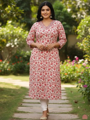 White & Pink Plus Size Floral Buti Print Cotton Straight Kurti with Pockets Casual Tunic Top for Women (Kurti Only)
