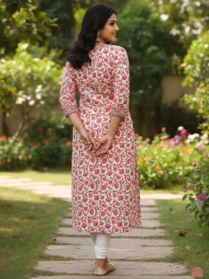 White & Pink Plus Size Floral Buti Print Cotton Straight Kurti with Pockets Casual Tunic Top for Women (Kurti Only)