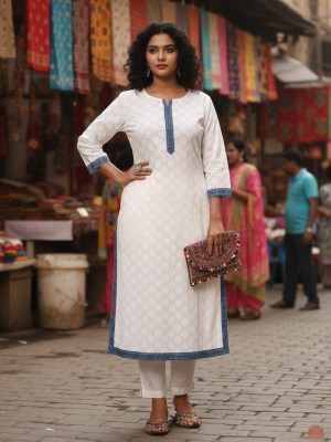 White Plus Size Floral Print Cotton Straight Kurti with Pockets Casual Tunic Top for Women (Kurti Only)