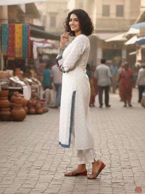 White Plus Size Floral Print Cotton Straight Kurti with Pockets Casual Tunic Top for Women (Kurti Only)