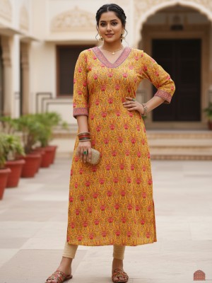 Yellow Plus Size Floral Print Cotton Straight Kurti with Pockets Casual Tunic Top for Women (Kurti Only)