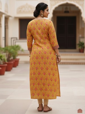 Yellow Plus Size Floral Print Cotton Straight Kurti with Pockets Casual Tunic Top for Women (Kurti Only)