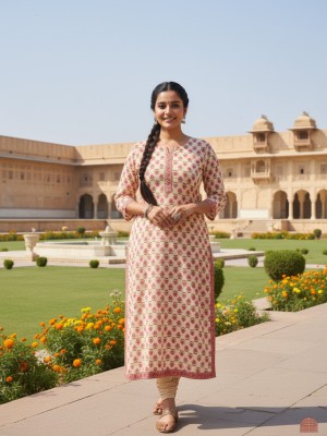 Light Yellow Plus Size Floral Print Cotton Straight Kurti with Pockets Casual Tunic Top for Women (Kurti Only)