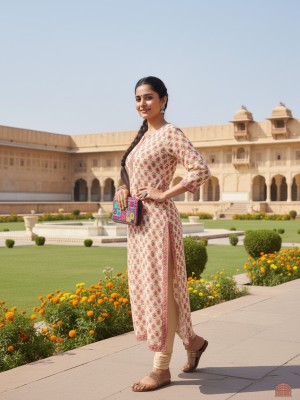 Light Yellow Plus Size Floral Print Cotton Straight Kurti with Pockets Casual Tunic Top for Women (Kurti Only)