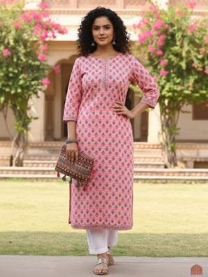 Pink Plus Size Floral Print Cotton Straight Kurti with Pockets Casual Tunic Top for Women (Kurti Only)