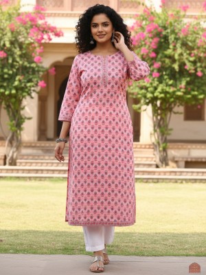 Pink Plus Size Floral Print Cotton Straight Kurti with Pockets Casual Tunic Top for Women (Kurti Only)