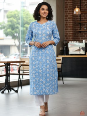 Blue Plus Size Floral Print Cotton Straight Kurti with Pockets Casual Tunic Top for Women (Kurti Only)
