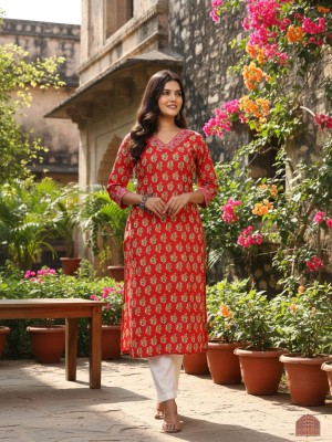 Red Plus Size Floral Print Cotton Straight Kurti with Pockets Casual Tunic Top for Women (Kurti Only)