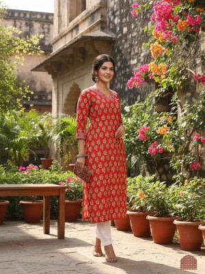 Red Plus Size Floral Print Cotton Straight Kurti with Pockets Casual Tunic Top for Women (Kurti Only)