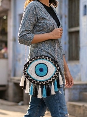 Blue Evil Eye Handcrafted Beaded Crossbody Boho Purse for Casual Outing Bohemian Tassel Bag for Women, Gift for Her