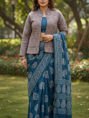 Lyra Teal Color Floral Printed Reversible Dual Side Cotton Full Sleeves Quilted Kantha Jacket for Women