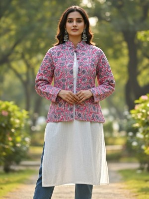 Erica Pink Color Floral Printed Reversible Dual Side Cotton Full Sleeves Quilted Kantha Jacket for Women