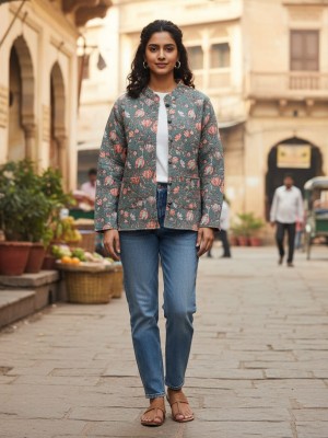 Sara Green Color Floral Printed Reversible Dual Side Cotton Full Sleeves Quilted Kantha Jacket for Women