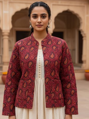 Lucy Maroon Color Floral Printed Reversible Dual Side Cotton Full Sleeves Quilted Kantha Jacket for Winter