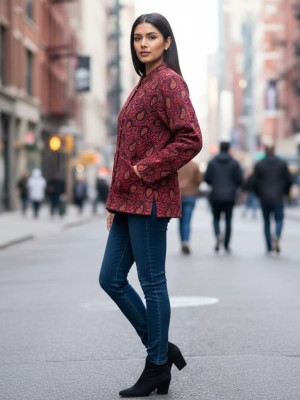 Lucy Maroon Color Floral Printed Reversible Dual Side Cotton Full Sleeves Quilted Kantha Jacket for Winter